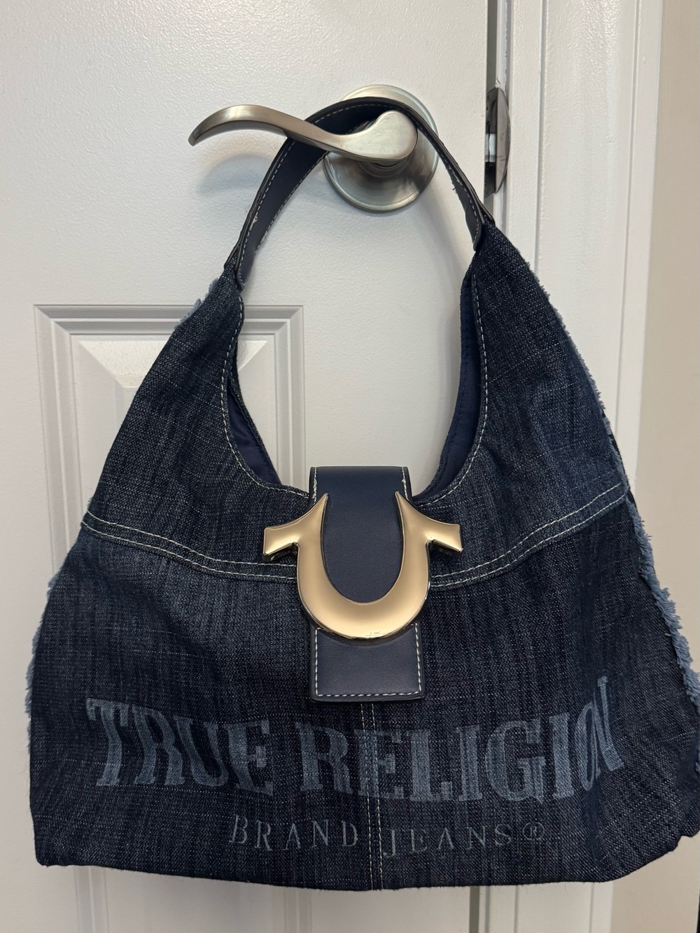 True Religion Dark Denim Shoulder Bag with Gold-Tone Horseshoe
